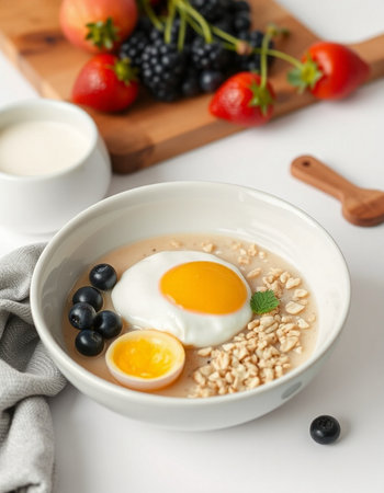 Bowl with tasty oatmeal and egg on table, closeupの写真素材