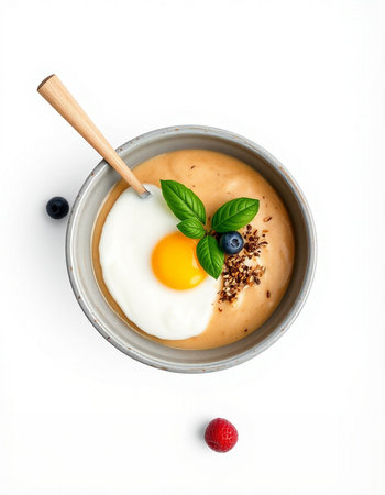 Oatmeal porridge with omelet and berries on white background