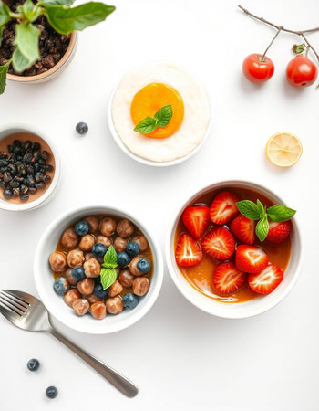Healthy breakfast with oatmeal, berries and egg on white backgroundの写真素材