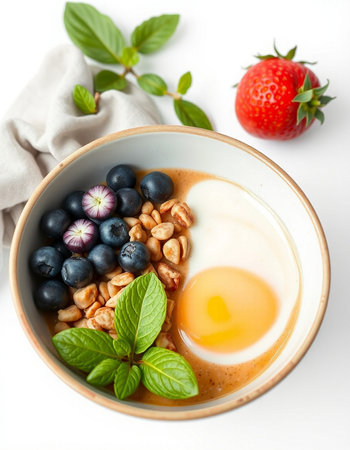 Breakfast bowl with omelette and fresh berries on white background