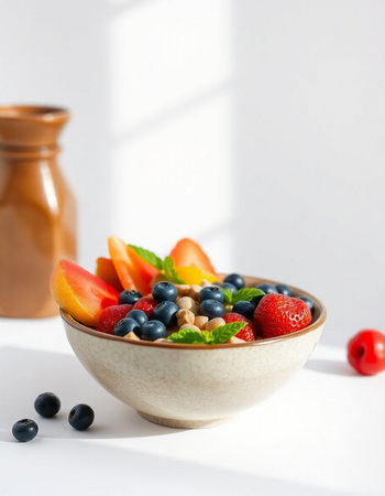 Healthy breakfast with muesli and fresh berries on white backgroundの写真素材