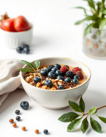 Healthy breakfast bowl with oatmeal, berries and chia seeds on white backgroundの写真素材