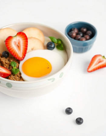 Healthy breakfast with oatmeal, berries and eggs on white background