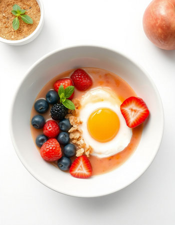 Bowl of oatmeal with berries and fried egg on white background