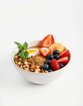 Healthy breakfast bowl with granola, yogurt and fresh berries on white background