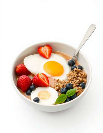 Healthy breakfast bowl with oatmeal, berries and eggs on white background