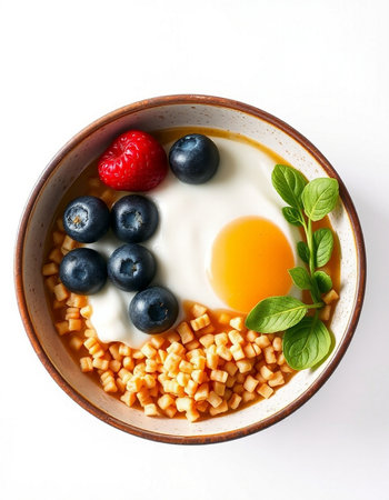 Bowl of breakfast cereal with fresh berries and egg, top view