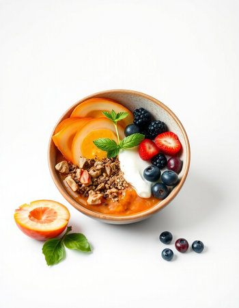 Healthy breakfast bowl with yogurt, berries and granola on white background