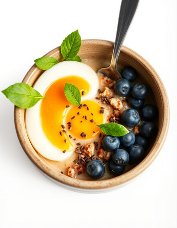 Healthy breakfast with oatmeal, blueberries and egg on white background