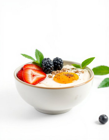 Healthy breakfast with yogurt, berries and egg on a white background