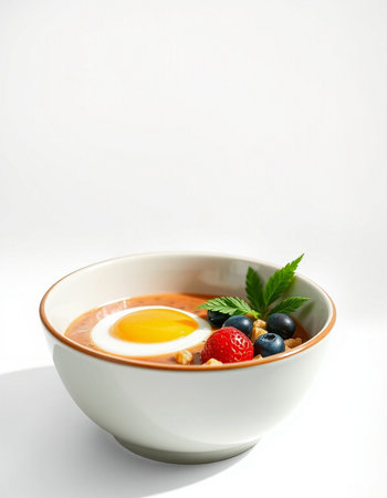 Bowl of oatmeal porridge with fresh berries and egg yolk