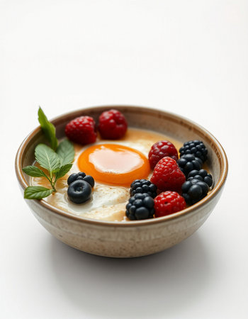 Breakfast with omelet, fresh berries and egg on white background