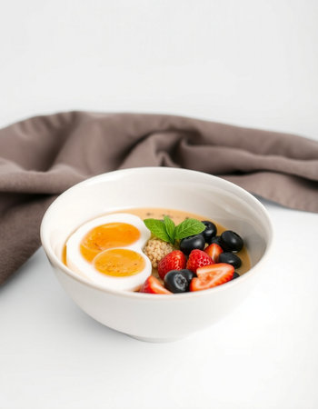 Healthy breakfast bowl with oatmeal, fresh berries and egg on white background