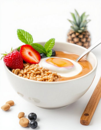Healthy breakfast bowl with oatmeal, berries, nuts and egg