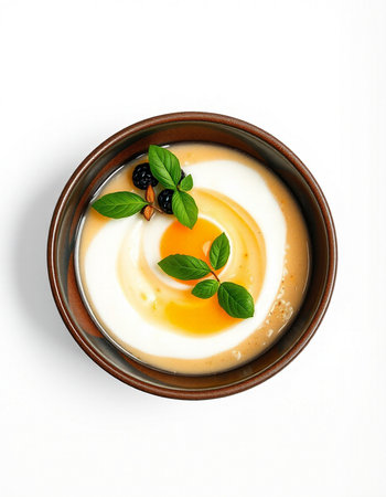 Creamy pudding with egg yolk and mint in a bowlの写真素材