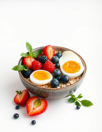Oatmeal porridge with fresh berries and boiled egg on white background