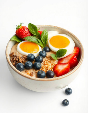 Healthy breakfast bowl with oatmeal, fresh berries and soft boiled eggs