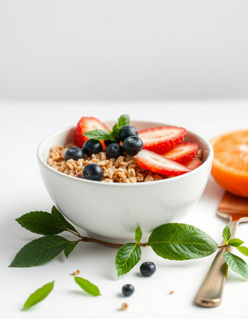 Healthy breakfast with muesli and fresh berries on white backgroundの写真素材