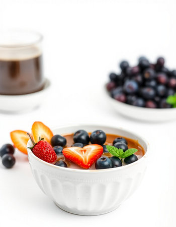 Chocolate smoothie bowl with strawberries and blueberries, selective focusの写真素材