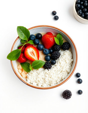 Healthy breakfast with oatmeal porridge and berries on white backgroundの写真素材