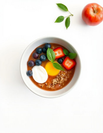 Bowl of oatmeal porridge with fresh berries and soft-boiled egg on white background