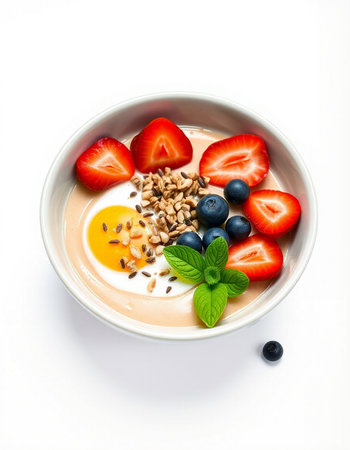 Healthy breakfast with yogurt, strawberries, blueberries and granola