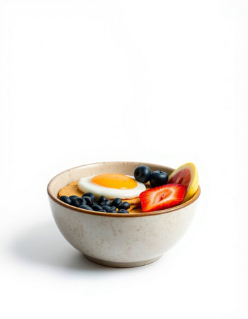 Breakfast with omelet, fruits and berries in a bowlの写真素材