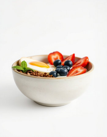 Healthy breakfast with muesli and fresh berries in a bowlの写真素材