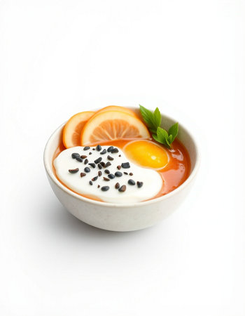 Yogurt with egg and black sesame isolated on white background