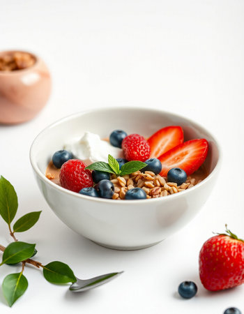 Bowl of oatmeal with fresh berries and yogurt on white background