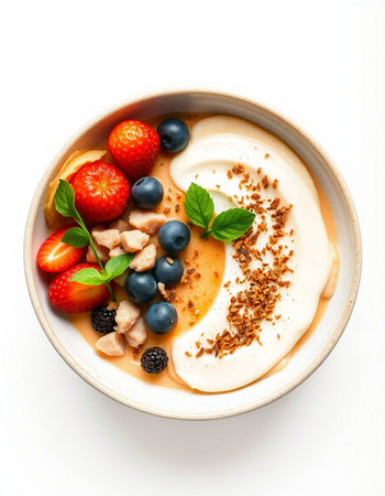 Panna cotta with strawberries, blueberries and whipped cream isolated on white background