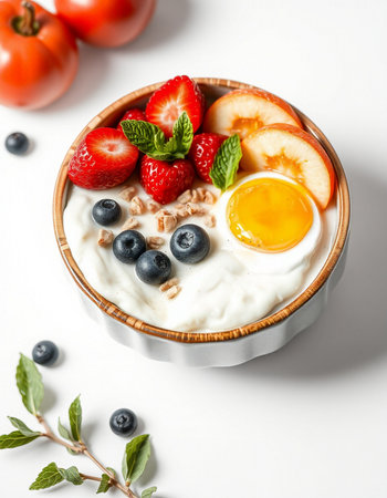 Healthy breakfast with oatmeal, berries and egg on white background