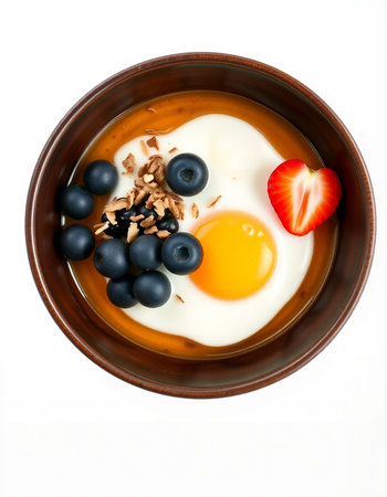 Healthy breakfast. Oatmeal with yoghurt, strawberry and blueberries