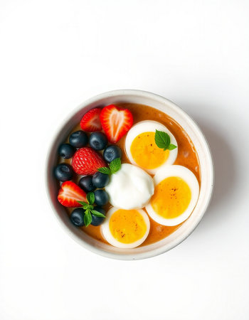 Bowl of breakfast porridge with fresh berries and soft boiled eggsの写真素材