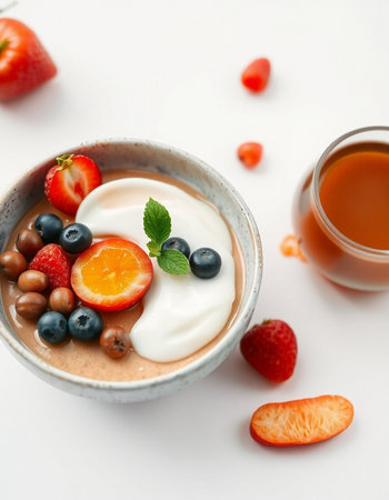 Cup of tasty yogurt with berries on white background, closeup