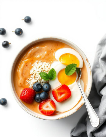 Healthy breakfast bowl of oatmeal with fresh berries and yogurt on white background