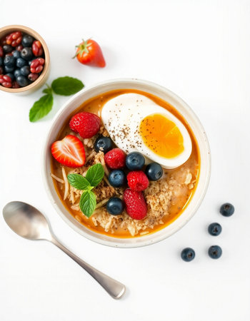 Oatmeal porridge with berries and egg in a bowl on a white background