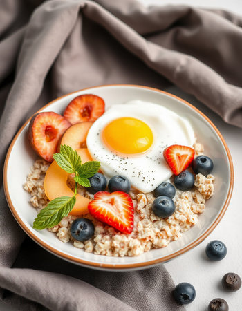 Tasty oatmeal with berries and fried egg on plate, closeup