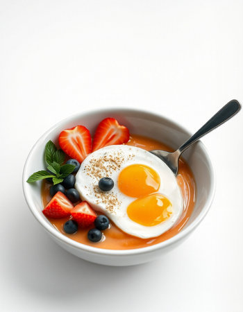 Breakfast bowl with egg, strawberry and blueberry on white background