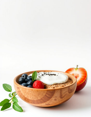 Chia seed pudding with fresh berries in wooden bowl on white backgroundの写真素材