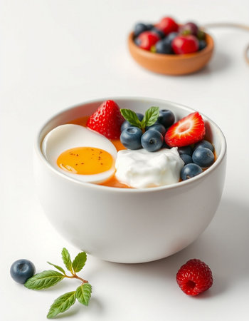 Breakfast with yoghurt, berries and egg on white background