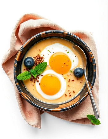 bowl of cream soup with eggs and blueberries isolated on white backgroundの写真素材