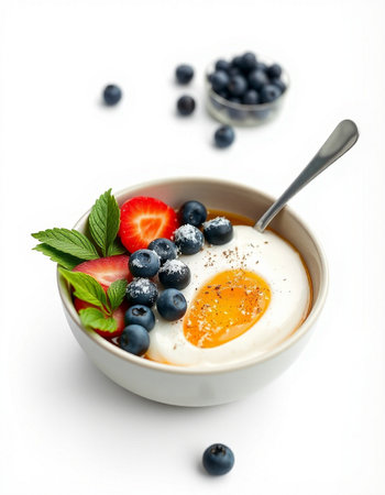 Yogurt with fresh blueberries and strawberries on a white background