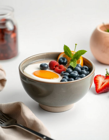 Healthy breakfast with yogurt, berries and egg on a white backgroundの写真素材