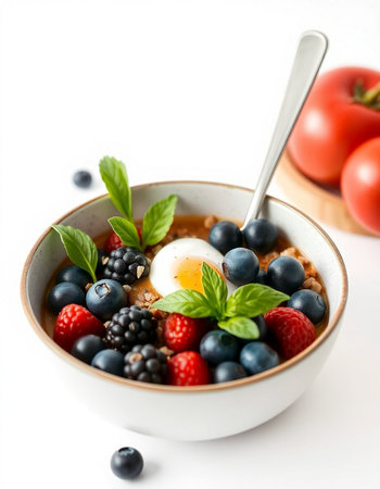 Healthy breakfast bowl with oatmeal, berries and egg on white background