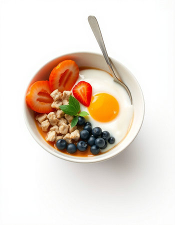 Breakfast with oatmeal, strawberries and blueberries on white background