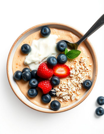 Bowl of oatmeal with fresh berries and yogurt on white background