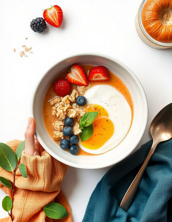 Healthy breakfast bowl with oatmeal, yogurt and berries on white background