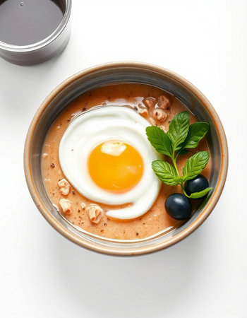 Tomato soup with egg in a bowl on white background, top view