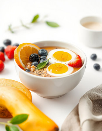 Healthy breakfast with oatmeal, berries and fruits on white table